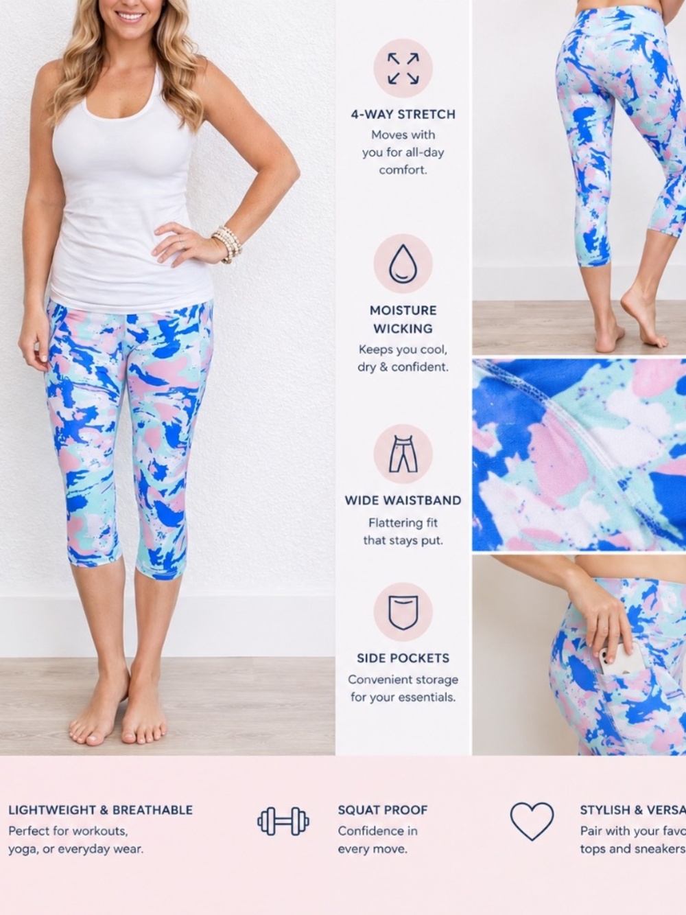 POUR MOI Marble Print Capri Leggings Blue, Pink & Mint Athletic Workout Pants 8
